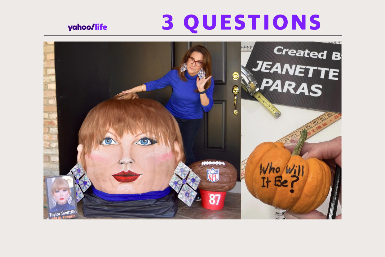 Jeanette Paras picks a celebrity to cover her oversize pumpkin canvas every year. This year, she chose Taylor Swift. (Yahoo News; photo: Jeanette Paras)

