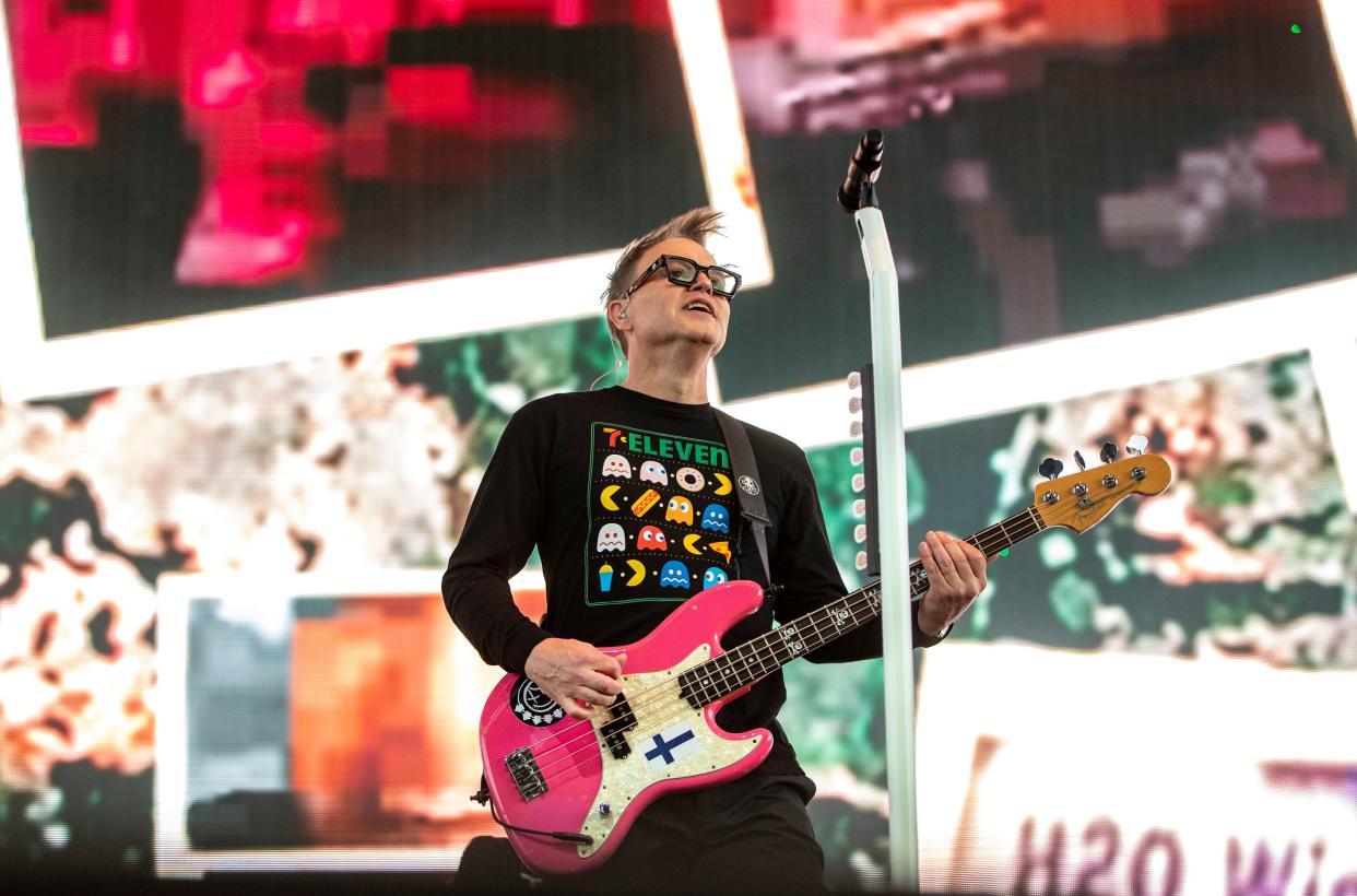 Blink-182 bassist and vocalist Mark Hoppus performs during their set in the Sahara tent during the Coachella Valley Music and Arts Festival at the Empire Polo Club in Indio, Calif., Friday, April 14, 2023. 