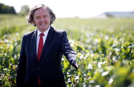 Pierre-Emmanuel Taittinger, President of the Champagne House Taittinger, poses during an interview with Reuters during the traditional Champagne wine harvest in Avize