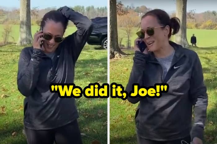 Kamala Harris saying, "We did it, Joe!"