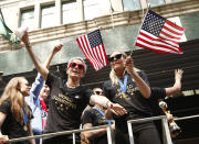 USWNT members Megan Rapinoe and Allie Long are seen during the U.S. Women's National Soccer Team Victory Parade on July 10, 2019 in New York City. (Photo by Brian Ach/WireImage)