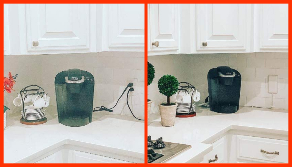 Two almost identical pictures of a coffee maker and a set of cups and saucers next to each other. One photo has two cords going into one outlet, the other photo has a slim white rectangle over the outlet. 