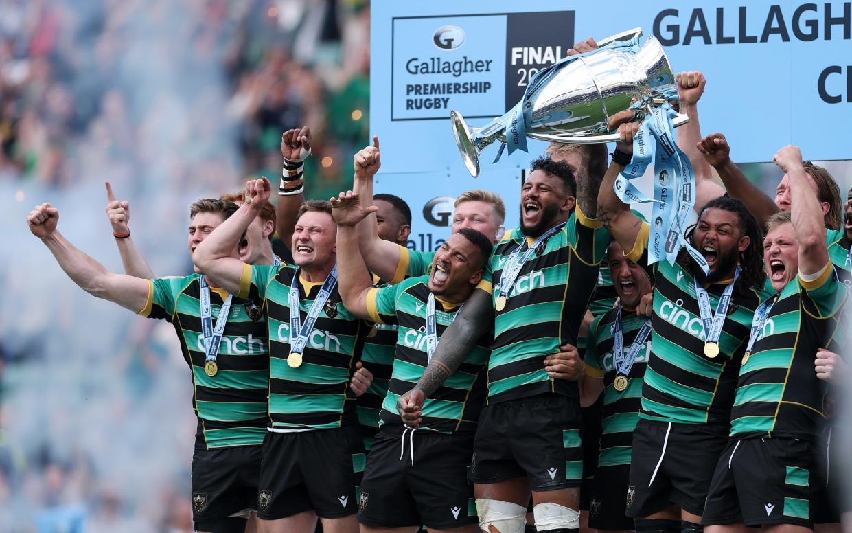 Northampton Saints celebrate winning last season's Premiership title