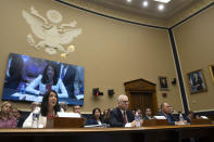 From left, Shelee Kimura, President and Chief Executive Officer of Hawaiian Electric, Mark Glick, Chief Energy Officer of the Hawaii State Energy Office, and Leodoloff Asuncion, Jr., Chairman of the Hawaii Public Utilities Commission, appear before the House Committee on Energy and Commerce on Capitol Hill, Thursday, Sept. 28, 2023, in Washington. (AP Photo/Mark Schiefelbein)