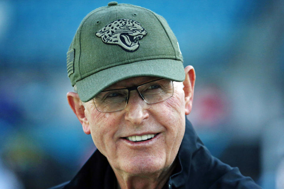 FILE - Tom Coughlin, executive vice president of football operations for the Jacksonville Jaguars watches players warm up before an NFL preseason football game against the Atlanta Falcons, Thursday, Aug. 29, 2019, in Jacksonville, Fla. Coughlin, the first coach in the history of the Jaguars, will be inducted into the franchise’s ring of honor next season. He will become the seventh member of the “Pride of the Jaguars” during a yet-to-be-determined home game in 2024. (AP Photo/Stephen B. Morton, File)