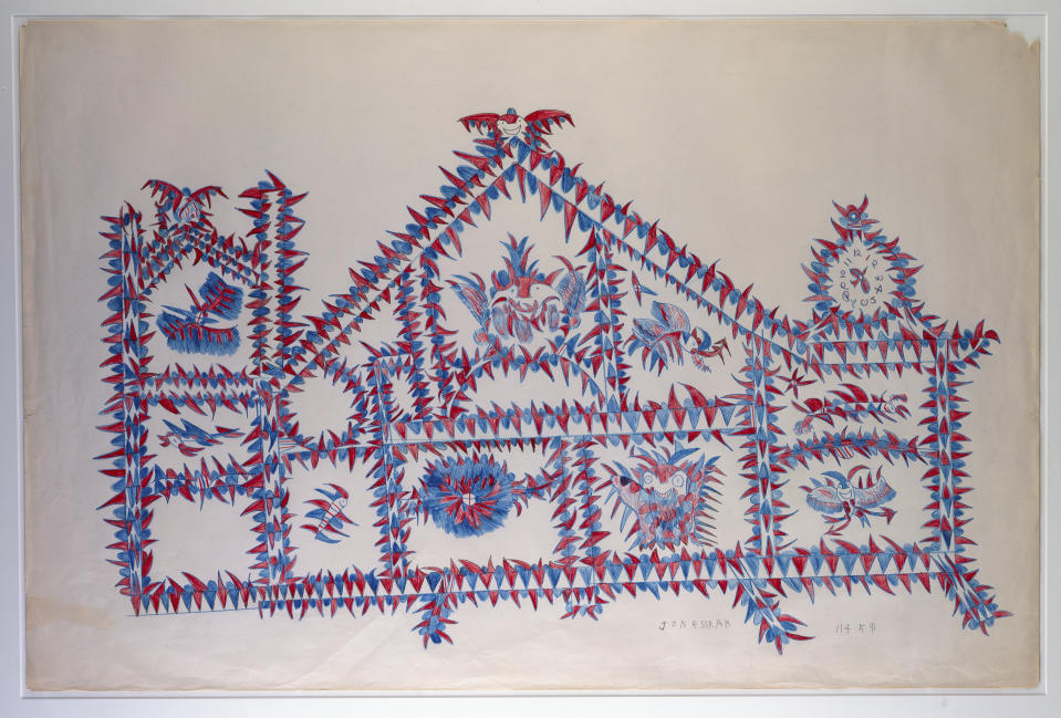 This image released by the American Folk Art Museum shows "Devil House”, a colored pencil and pencil on paper by Frank Albert Jones, part of the collection of the American Folk Art Museum, a gift of Chapman Kelley. (American Folk Art Museum via AP)
