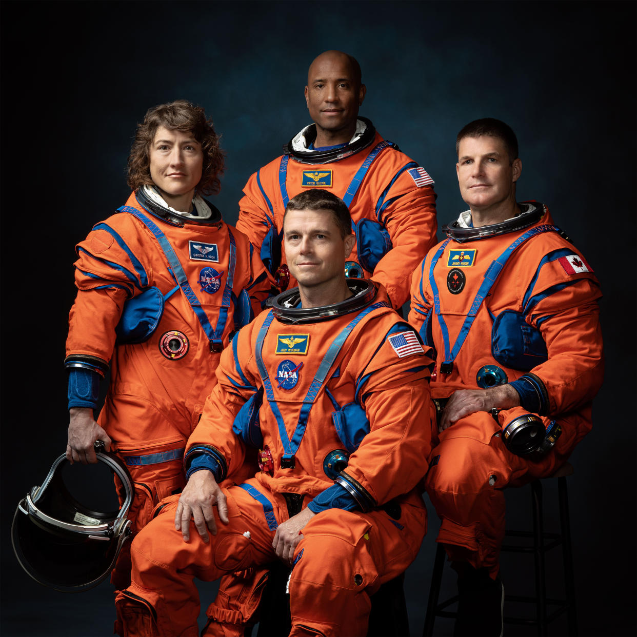 Clockwise from left: Christina Koch, Victor Glover, Jeremy Hansen and Reid Wiseman.  (Josh Valcarcel/NASA)
