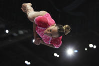 Brazil's Rebeca Andrade competes on the vault to win a gold medal during the apparatus finals at the Artistic Gymnastics World Championships in Antwerp, Belgium, Saturday, Oct. 7, 2023. (AP Photo/Geert vanden Wijngaert)