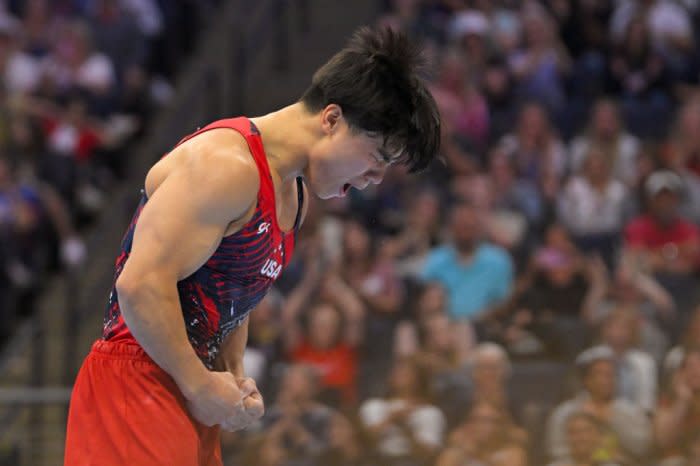 Asher Hong reacts after his floor routine during the Trials.<span class="copyright">Nick Wosika—Icon Sportswire/Getty Images</span>