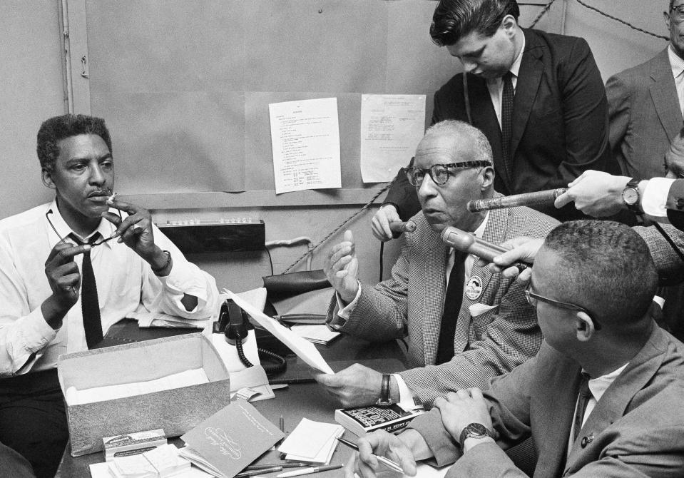 Leaders of the proposed August 28 Civil Rights March, hold a news conference at March headquarters, on Aug. 3, 1963, in New York. From left are Bayard Rustin, Executive Director of the March Committee; A. Philip Randolph, President of the Negro American Labor Council and Chairman of the March; and Dr. John Morsell of the National Association for the Advancement of Colored People. They announced that many more than the 100,000 persons originally expected will participate in the demonstration.