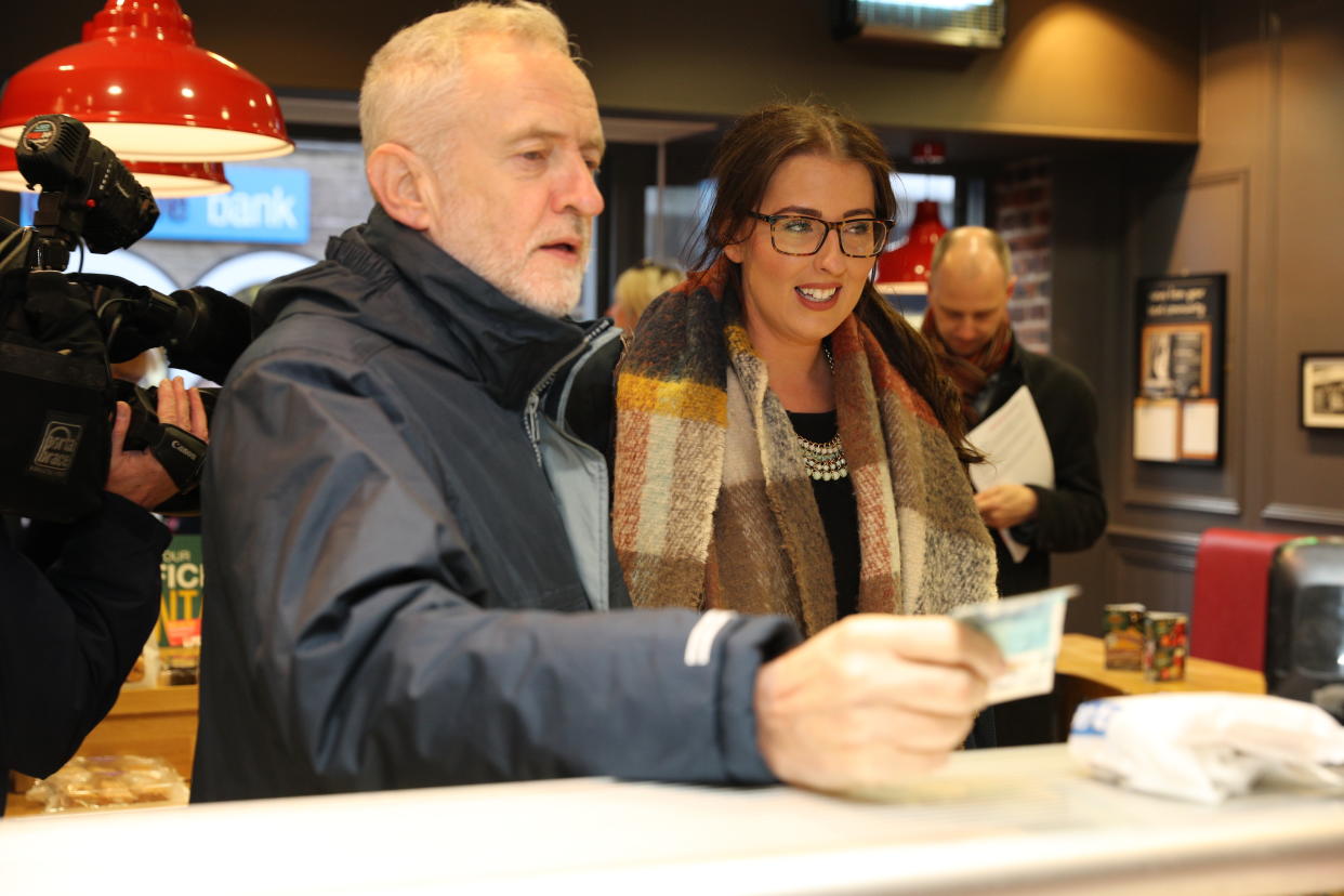 Labour leader Jeremy Corbyn and MP Laura Pidcock, meet staff in a bakery during a visit to Consett, County Durham.
