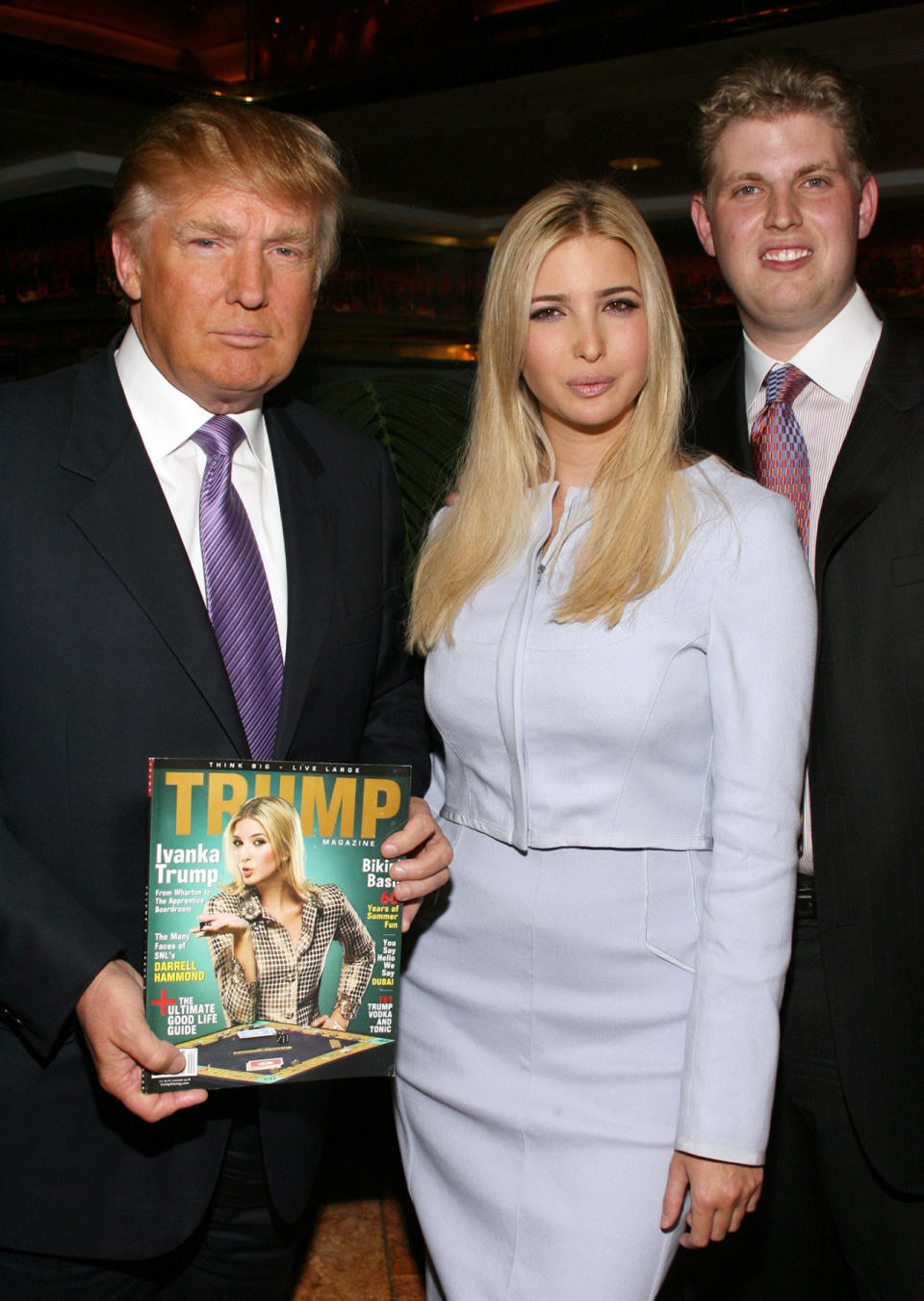 <p>Donald, Ivanka and Eric Trump celebrate the launch of <i>Trump</i> magazine at Trump Towers in New York, Sept. 20, 2006. <i>(Photo: Sylvain Gaboury/FilmMagic)</i> </p>