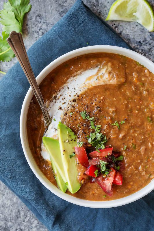 <p>Platings and Pairings</p><p>Who said vegetarian recipes had to be boring. This lentil soup is like a vegetarian chili with great chipotle flavor.</p><p><strong>Get the Recipe: <a href="https://www.platingsandpairings.com/slow-cooker-chipotle-lentil-soup/" rel="nofollow noopener" target="_blank" data-ylk="slk:Crock Pot Lentil Soup with Chipotle;elm:context_link;itc:0;sec:content-canvas" class="link rapid-noclick-resp">Crock Pot Lentil Soup with Chipotle</a></strong></p>