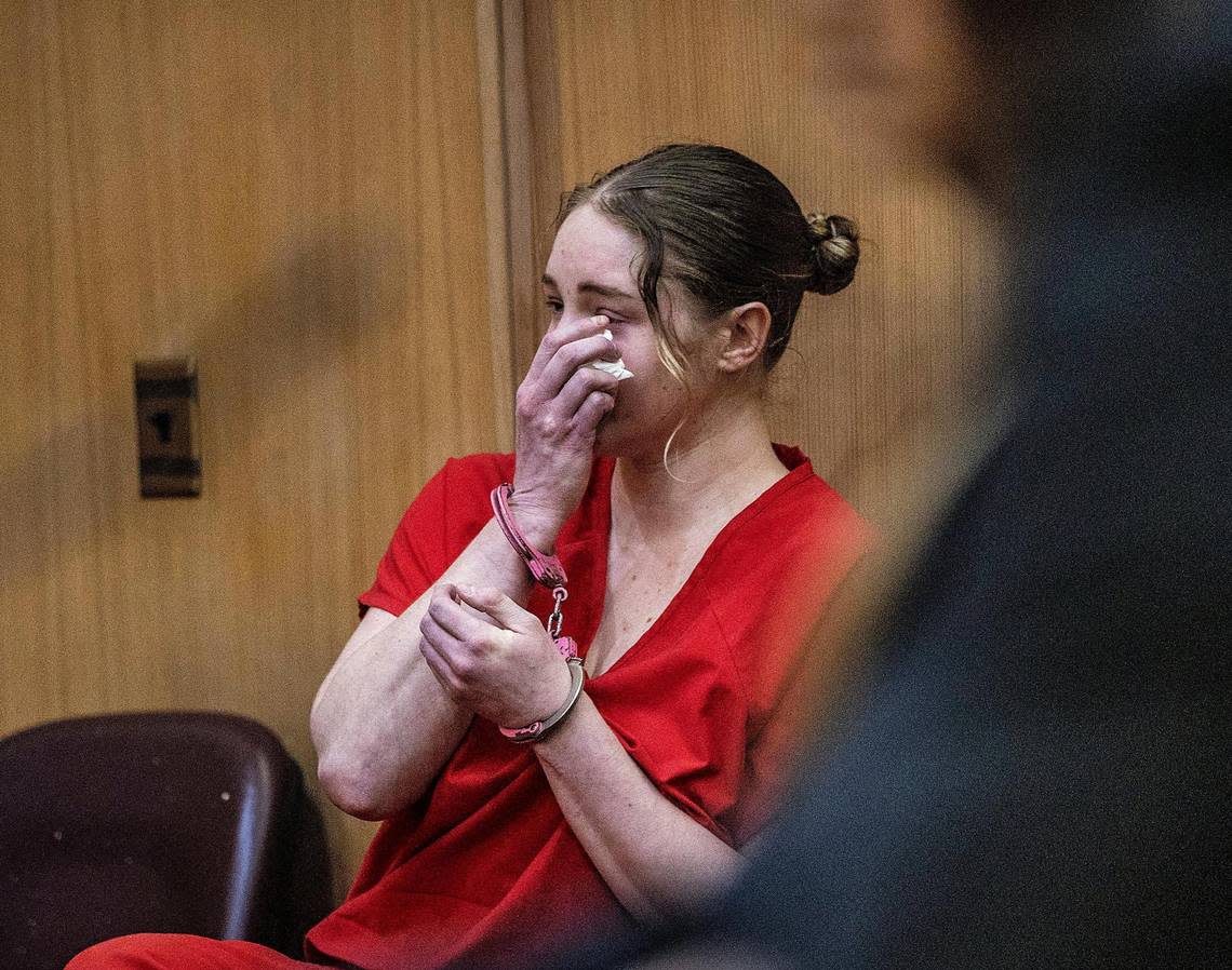 OnlyFans model Courtney Clenney reacts after Judge Laura Shearon Cruz’s decision to keep her in jail to await trial. She is accused of murdering her boyfriend Christian Obumsel last April 3 in Miami. The hearing was at the Richard E. Gerstein Justice Building in Miami on Thursday, Dec. 8, 2022.