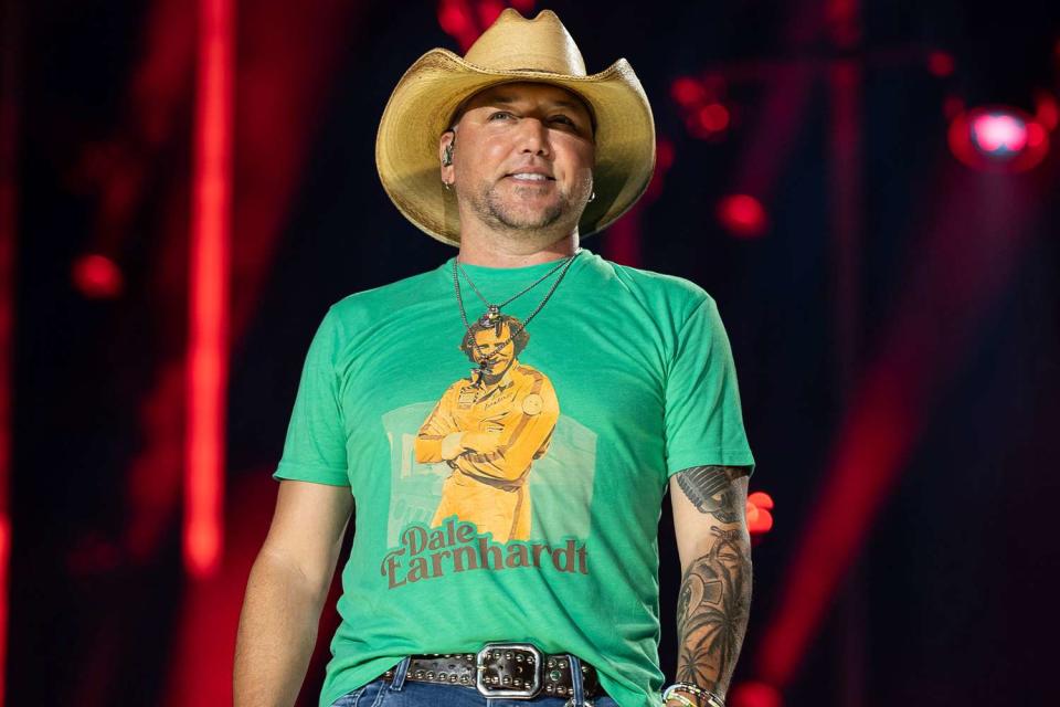 <p>Amiee Stubbs/imageSPACE/Sipa/AP</p> Jason Aldean performs during day 3 of the CMA Fest at Nissan Stadium in June 2023, in Nashville, Tennessee