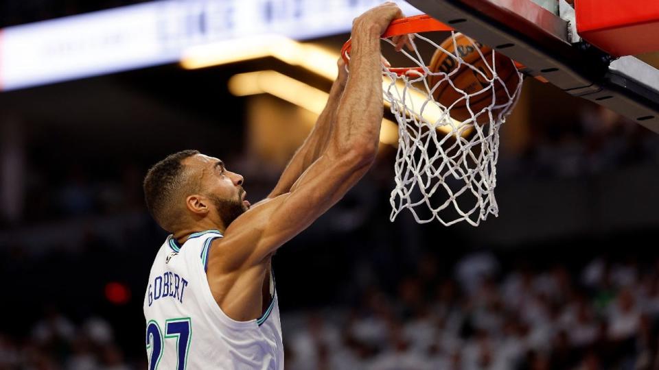 <div>Rudy Gobert #27 of the Minnesota Timberwolves dunks against the Phoenix Suns in the second quarter of game two of the Western Conference First Round Playoffs at Target Center on April 23, 2024 in Minneapolis, Minnesota.</div> <strong>((Photo by David Berding/Getty Images))</strong>