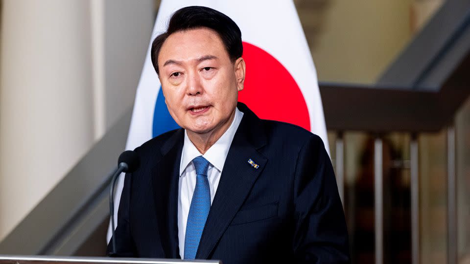 President Yoon Suk Yeol speaks at a news conference in the Netherlands on December 13, 2023. - Patrick van Katwijk/WireImage/Getty Images