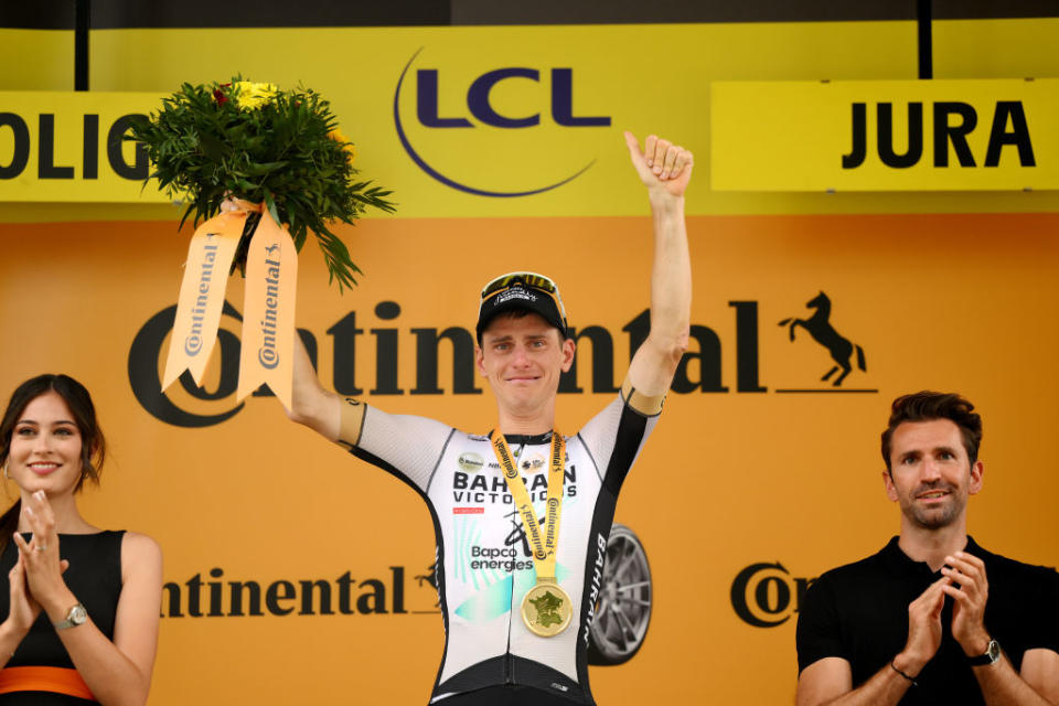 POLIGNY FRANCE  JULY 21 Matej Mohoric of Slovenia and Team Bahrain Victorious celebrates at podium as stage winner during the stage nineteen of the 110th Tour de France 2023 a 1728km stage from MoiransenMontagne to Poligny  UCIWT  on July 21 2023 in Poligny France Photo by David RamosGetty Images