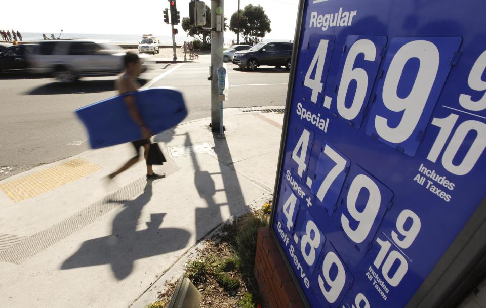 FILE - In this Friday, Oct. 5, 2012, file photo, a boogie boarder walks past a sign displaying high gas prices in Laguna Beach, Calif. Higher gas costs drove up U.S. consumer prices in September for the second straight month. But outside energy, there was little sign of inflation. (AP Photo/Chris Carlson)