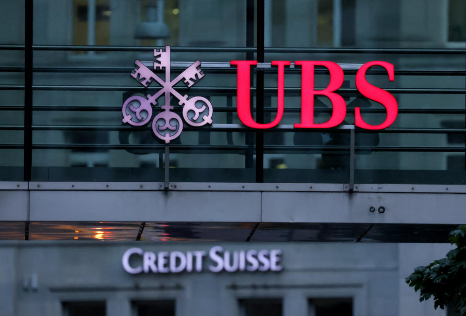 Logos of Swiss banks Credit Suisse and UBS are seen before a news conference in Zurich Switzerland, August 30, 2023.  REUTERS/Denis Balibouse
