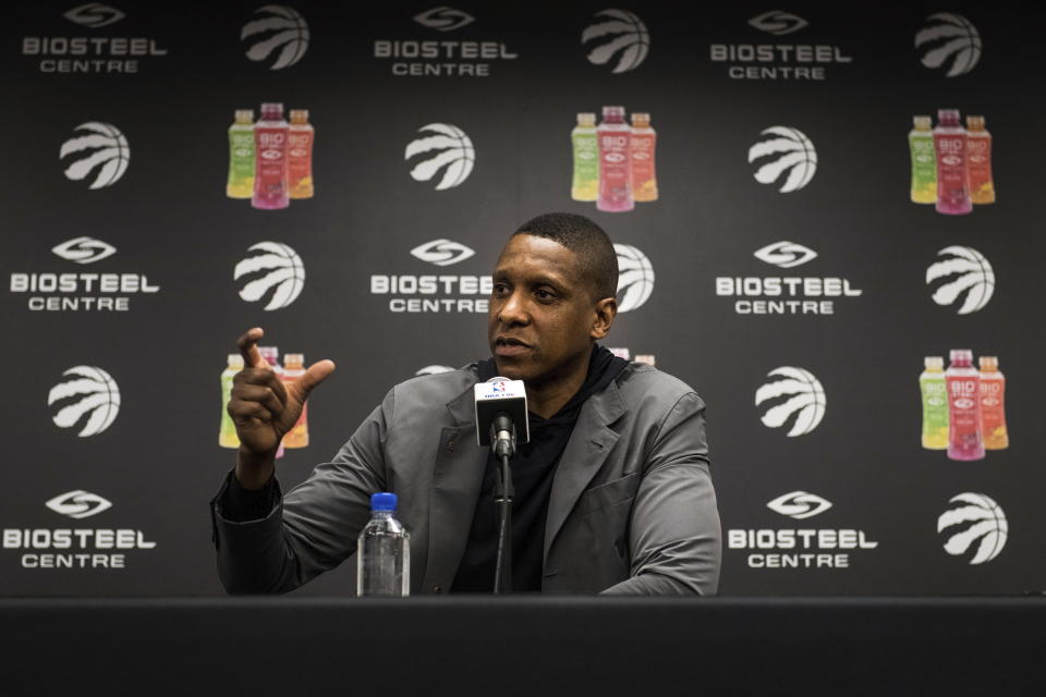 Raptors GM Masai Ujiri will be key in trying to convince Kawhi Leonard to stay in Toronto. (AP)