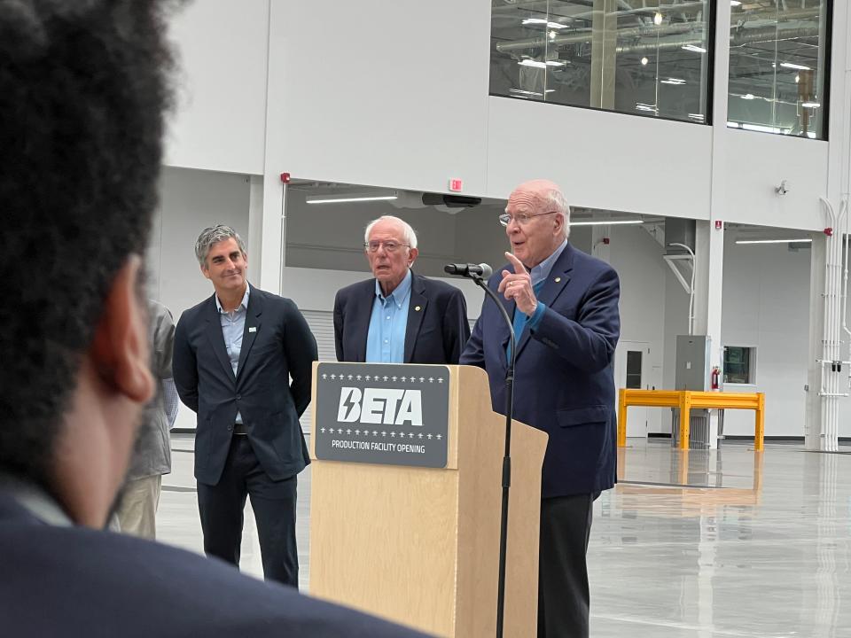 Former Sen. Patrick Leahy addresses audience. Beta Technologies opens an electric aircraft production facility at the Patrick Leahy Burlington International Airport in South Burlington on Oct. 2, 2023.