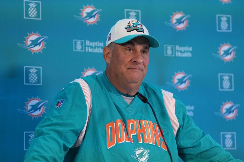 Nov 2, 2023; Frankfurt, Germany; Miami Dolphins defensive coordinator Vic Fangio at press conference at the PSD Bank Arena. Mandatory Credit: Kirby Lee-USA TODAY Sports