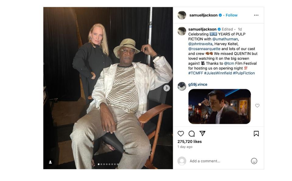 Sam Jackson and Uma Thurman posing during the Pulp Fiction 30th anniversary celebration.