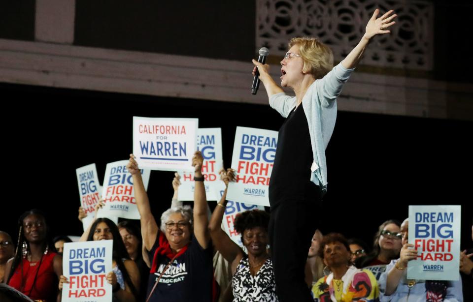 Sen. Elizabeth Warren addresses a crowd on August 21, 2019 in Los Angeles.