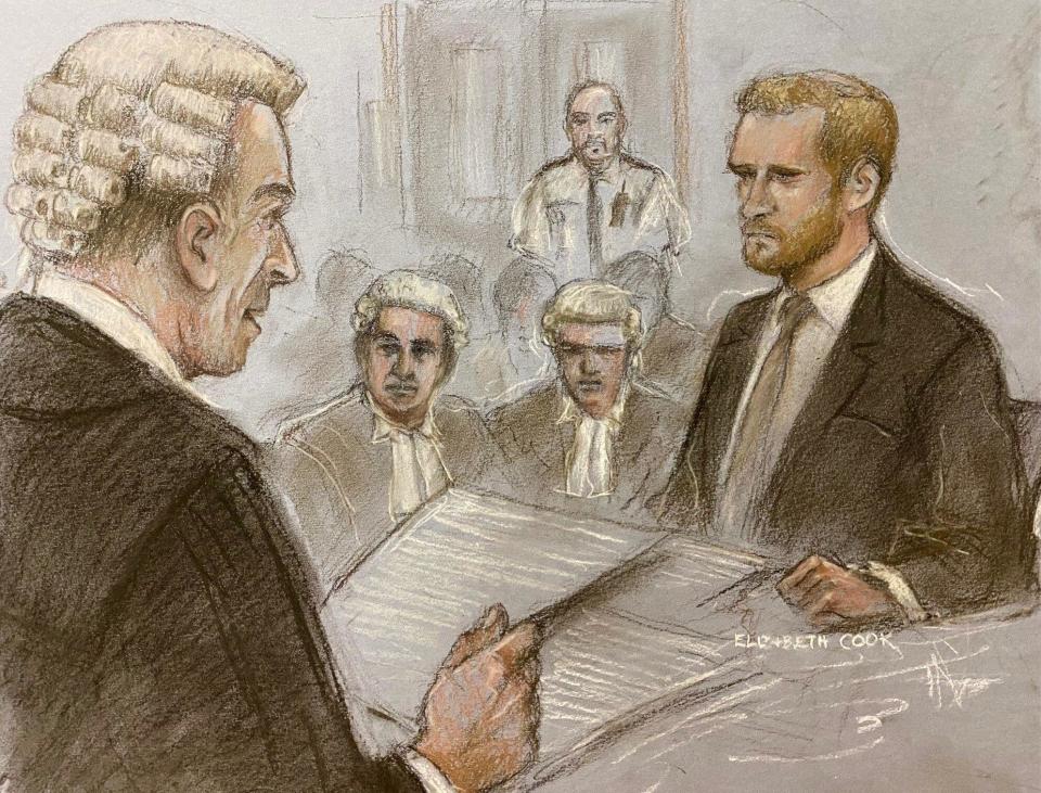 Court artist sketch by Elizabeth Cook of the Duke of Sussex (right) being cross examined by Andrew Green KC, as he gives evidence at the Rolls Buildings in central London during the phone hacking trial against Mirror Group Newspapers (MGN). A number of high-profile figures have brought claims against MGN over alleged unlawful information gathering at its titles. Picture date: Wednesday June 7, 2023.