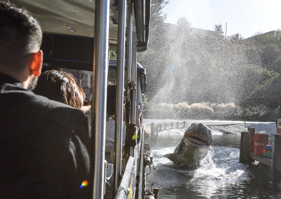 UNIVERSAL CITY, CA – FEBRUARY 12: The studio tram tour visits Bruce the shark from Jaws at Universal Studios Hollywood in Universal City on Monday, Feb 12, 2018. (Photo by Jeff Gritchen/Digital First Media/Orange County Register via Getty Images)