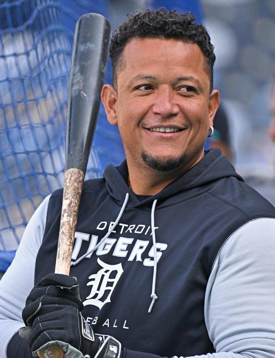 Tigers designated hitter Miguel Cabrera looks on prior to a  game April 15, 2022 against the Royals at Kauffman Stadium in Kansas City.