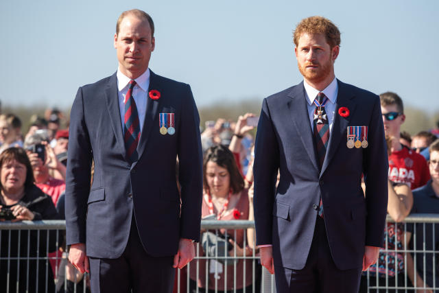 Prince William, Duke of Cambridge and Prince Harry arrive at the Canadian National Vimy Memorial on April 9, 2017 in Vimy, France. The Prince of Wales, The Duke of Cambridge and Prince Harry along with Canadian Prime Minister Justin Trudeau and French President Francois Hollande attend the centenary commemorative service at the Canadian National Vimy Memorial. 