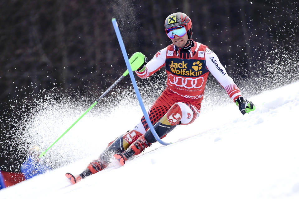 Austria's Marcel Hirscher speeds down the course during an Alpine Skiing World Cup men's slalom, in Kranjska Gora, Slovenia, Sunday, March. 10, 2019. (AP Photo/Marco Trovati)