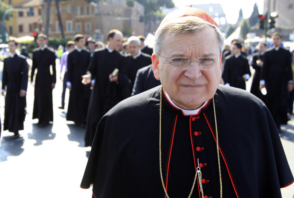 Prefect of the Supreme Tribunal of the Apostolic Signatura  Age: 64  Born: June 30, 1948 in Richland Center, Wis.  Education: Catholic University of America (Washington, D.C.), Pontifical Gregorian University (Rome)  Ordained a priest: 1975 in Rome  Posts held: bishop of La Crosse, Wis. (1994-2003); archbishop of St. Louis, Mo. (2004-2008); prefect of the Apostolic Signatura (2008-present)  Elevated to cardinal: 2010 by Pope Benedict XVI    FILE - This May 13, 2012 file photo shows Cardinal Raymond Leo Burke, of the United States, taking part in an anti-abortion march in Rome. The resignation of Pope Benedict XVI on Feb. 28, 2013 opens the door to a host of possible successors, from the cardinal of Milan to a contender from Ghana and several Latin Americans. Top candidates for Benedict's succession from the U.S. include Cardinal Timothy Dolan of New York and Cardinal Raymond Burke, an arch-conservative and the Vatican's top judge. (AP Photo/Riccardo De Luca, files)