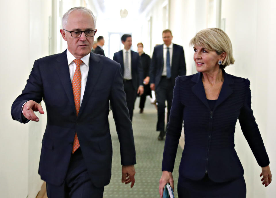 There was speculation Julie Bishop (right) would leave parliament alongside friend and former prime minister Malcolm Turnbull (left). Source: AAP