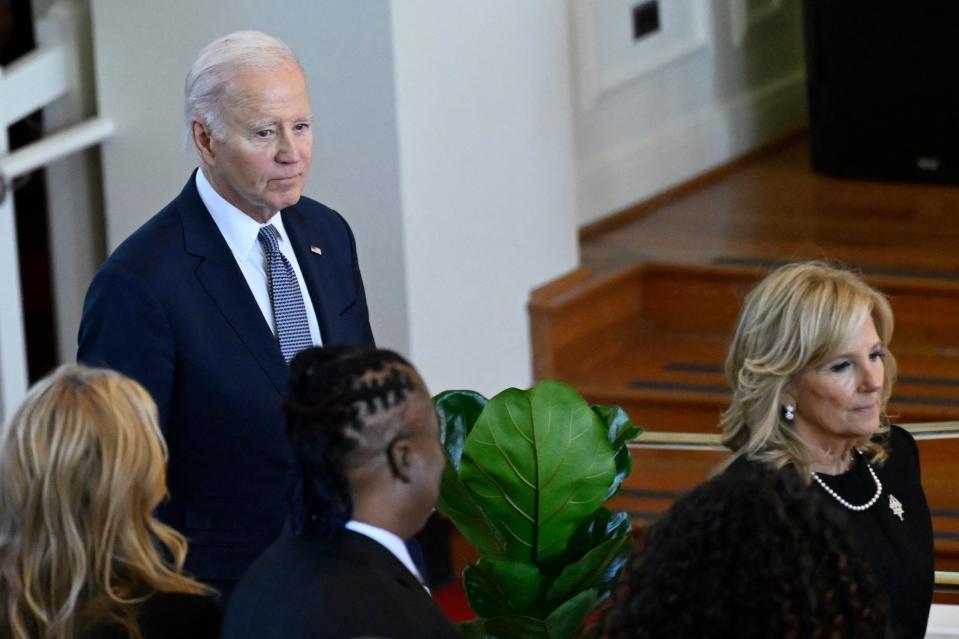 US President Joe Biden and US First Lady Jill Biden arrive at a tribute service for former US first lady Rosalynn Carter at Glenn Memorial Church in Atlanta, Georgia, on November 28, 2023. (AFP via Getty Images)