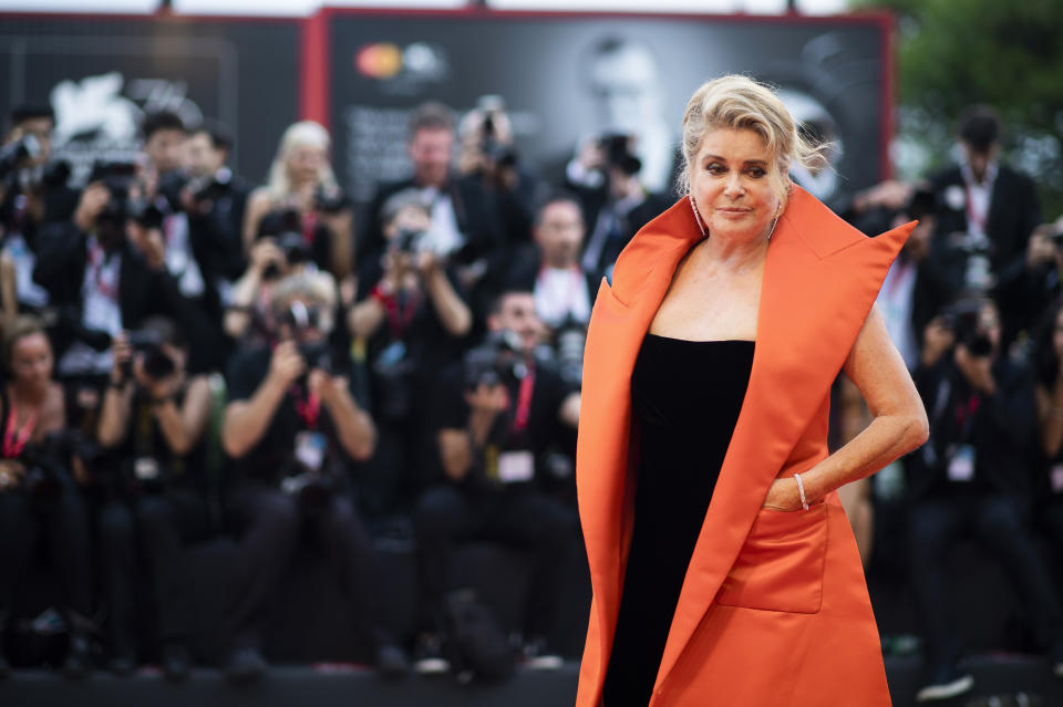 Actress Catherine Deneuve poses for photographers upon arrival at the premiere of the film 'The Truth' and the opening gala at the 76th edition of the Venice Film Festival, Venice, Italy, Wednesday, Aug. 28, 2019. (Photo by Arthur Mola/Invision/AP)