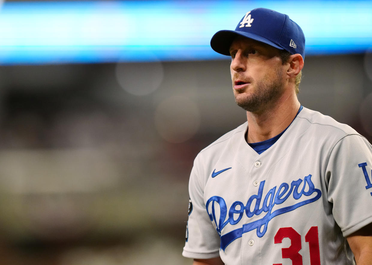 ATLANTA, GA - OCTOBER 17: Max Scherzer #31 of the Los Angeles Dodgers is seen during Game 2 of the NLCS between the Los Angeles Dodgers and the Atlanta Braves at Truist Park on Sunday, October 17, 2021 in Atlanta, Georgia. (Photo by Daniel Shirey/MLB Photos via Getty Images)