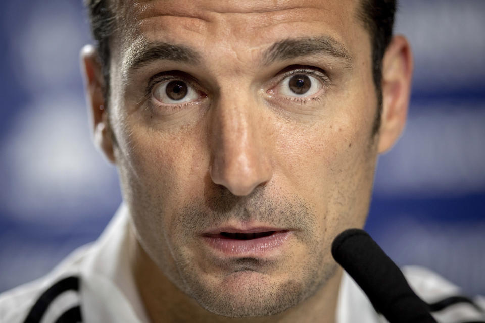 Argentina's national soccer team coach Lionel Scaloni attends a press conference in Madrid, Spain, Thursday, March 21, 2019. Argentina will play a friendly soccer match against Venezuela on Friday. (AP Photo/Bernat Armangue)