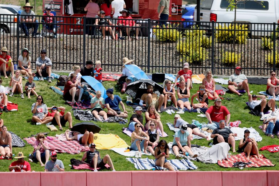 Fans watch from the outfield as the University of Utah softball team plays Ole Miss in NCAA softball regional championship at Utah in Salt Lake City on Sunday, May 21, 2023. Utah won 4-1. | Scott G Winterton, Deseret News