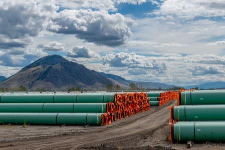 Steel pipe for Canadian government’s Trans Mountain Expansion Project lies at a stockpile site in Kamloops