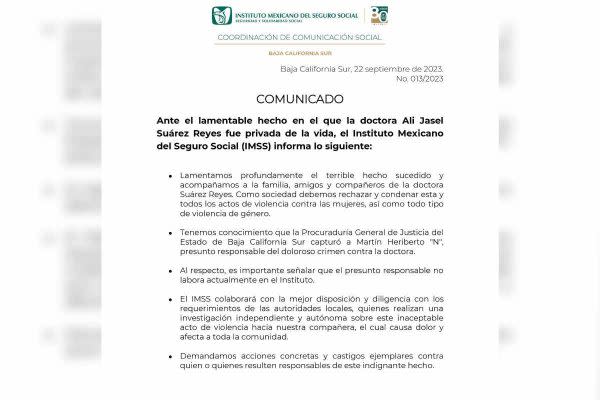 Comunicado IMSS feminicidio Ali Jasel