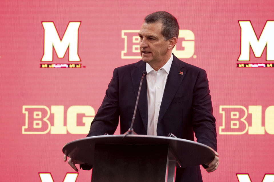 Maryland men's head coach Mark Turgeon addresses the media during the first day of the Big Ten NCAA college basketball media days, Thursday, Oct. 7, 2021, in Indianapolis. (AP Photo/Doug McSchooler)