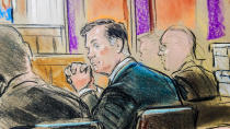 <p>Former Trump campaign manager Paul Manafort is shown in a court room sketch, as he sits in federal court on the opening day of his trial on bank and tax fraud charges stemming from Special Counsel Robert Mueller’s investigation into Russian meddling in the 2016 presidential election, in Alexandria, Va., July 31, 2018. (Photo: Bill Hennessy/Reuters) </p>