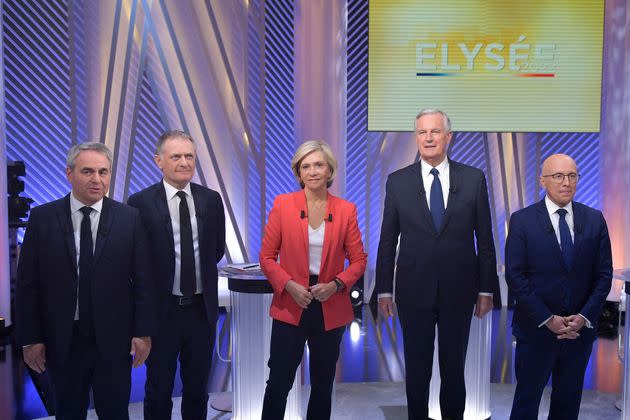 Xavier Bertrand, Philippe Juvin, Valérie Pécresse, Michel Barnier et Eric Ciotti sont départagés à partir de ce mercredi par les militants des Républicains. (Photo: JULIEN DE ROSA / AFP)