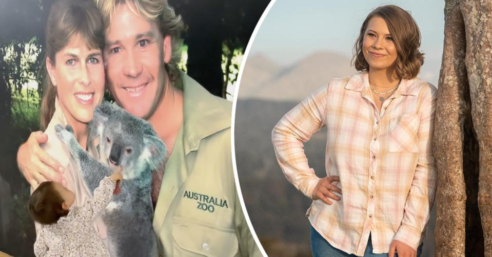 L: Grace Warrior pointing at a photo of Terri and Steve Irwin holding a koala. R: Bindi Irwin smiles at her daughter.