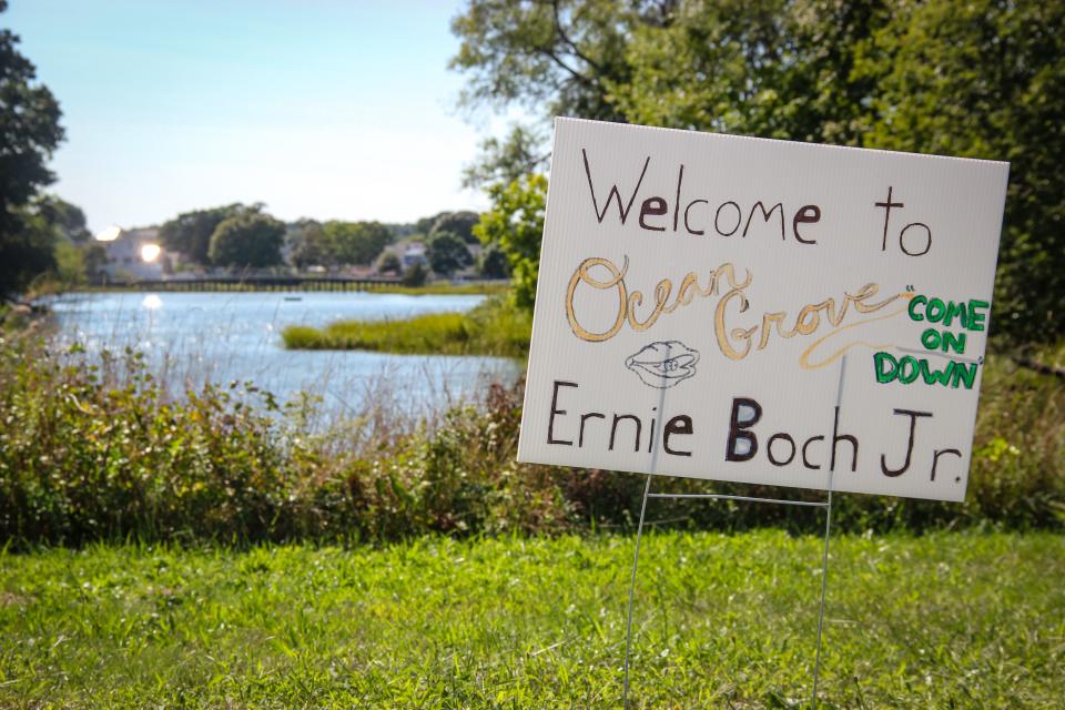 A homemade sign on Ocean Grove Avenue in Swansea welcomes billionaire businessman and philanthropist Ernie Boch Jr. to the neighborhood. This summer, Boch purchased Pleasure Island -- the bridge to the island is visible in the background.