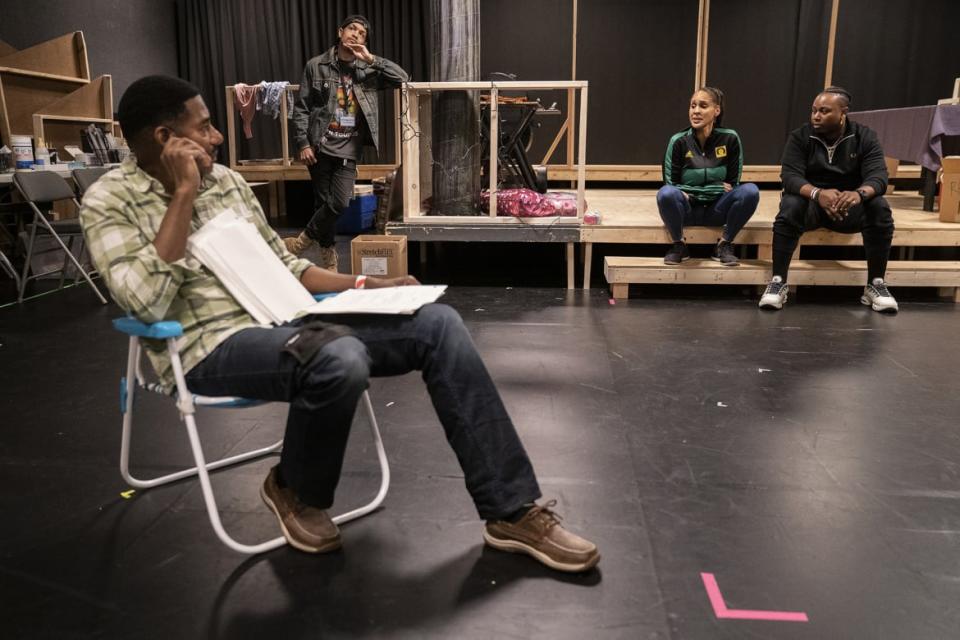 <div class="inline-image__caption"><p>Billy Eugene Jones, Chris Herbie Holland, Nikki Crawford, and Marcel Spears in rehearsal for “Fat Ham.”</p></div> <div class="inline-image__credit">Joan Marcus</div>