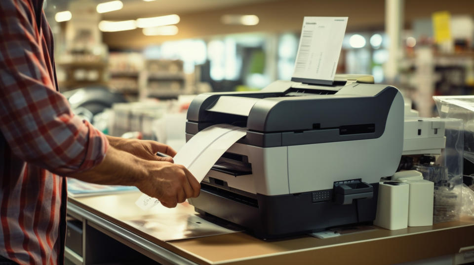 A technician installing a barcode printer at a point of sale system in a retail store.